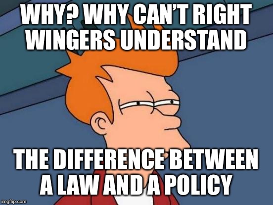 Futurama Fry Meme | WHY? WHY CAN’T RIGHT WINGERS UNDERSTAND THE DIFFERENCE BETWEEN A LAW AND A POLICY | image tagged in memes,futurama fry | made w/ Imgflip meme maker
