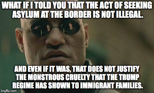 Matrix Morpheus | WHAT IF I TOLD YOU THAT THE ACT OF SEEKING ASYLUM AT THE BORDER IS NOT ILLEGAL. AND EVEN IF IT WAS, THAT DOES NOT JUSTIFY THE MONSTROUS CRUELTY THAT THE TRUMP REGIME HAS SHOWN TO IMMIGRANT FAMILIES. | image tagged in memes,matrix morpheus,nazi,immigration,donald trump | made w/ Imgflip meme maker