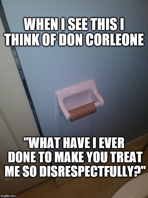 Empty TP Role | WHEN I SEE THIS I THINK OF DON CORLEONE; "WHAT HAVE I EVER DONE TO MAKE YOU TREAT ME SO DISRESPECTFULLY?" | image tagged in godfather,no more toilet paper,toilet humor,funny | made w/ Imgflip meme maker