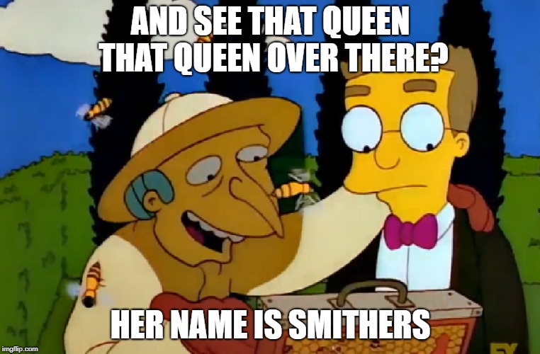 burns knows smithers is gay and calls his queen bee his name | AND SEE THAT QUEEN THAT QUEEN OVER THERE? HER NAME IS SMITHERS | image tagged in burns knows smithers is gay and calls his queen bee his name,burnsmithers | made w/ Imgflip meme maker