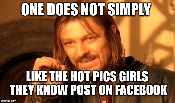 One Does Not Simply Meme | ONE DOES NOT SIMPLY; LIKE THE HOT PICS GIRLS THEY KNOW POST ON FACEBOOK | image tagged in memes,one does not simply | made w/ Imgflip meme maker