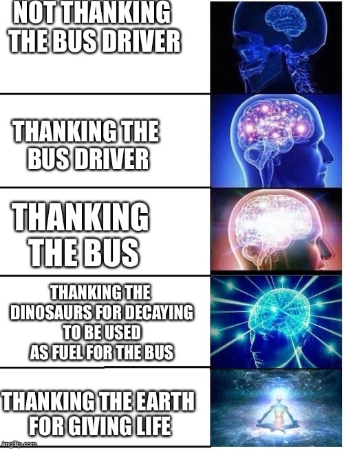 Expanding Brain 5 Panel | NOT THANKING THE BUS DRIVER; THANKING THE BUS DRIVER; THANKING THE BUS; THANKING THE DINOSAURS FOR DECAYING TO BE USED AS FUEL FOR THE BUS; THANKING THE EARTH FOR GIVING LIFE | image tagged in expanding brain 5 panel | made w/ Imgflip meme maker