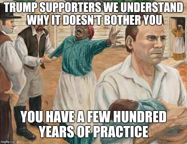 Trump  | TRUMP SUPPORTERS WE UNDERSTAND WHY IT DOESN'T BOTHER YOU; YOU HAVE A FEW HUNDRED YEARS OF PRACTICE | image tagged in good fellas hilarious | made w/ Imgflip meme maker