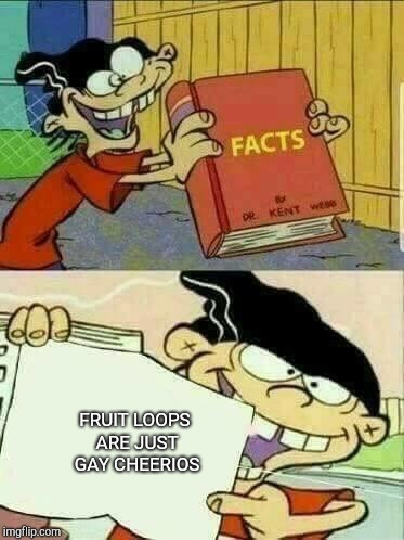Double d facts book  | FRUIT LOOPS ARE JUST GAY CHEERIOS | image tagged in double d facts book | made w/ Imgflip meme maker