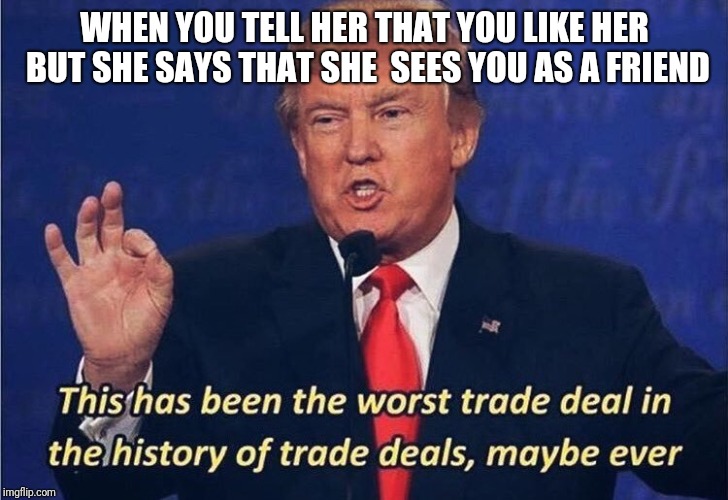 Donald Trump Worst Trade Deal | WHEN YOU TELL HER THAT YOU LIKE HER BUT SHE SAYS THAT SHE  SEES YOU AS A FRIEND | image tagged in donald trump worst trade deal | made w/ Imgflip meme maker
