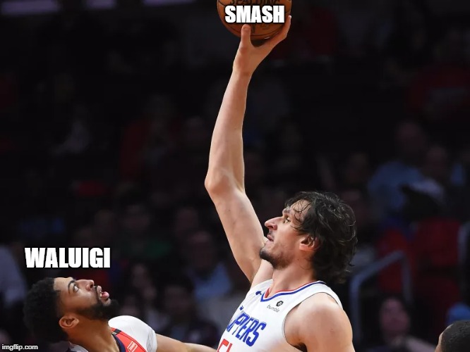 Smash is too tall | SMASH; WALUIGI | image tagged in basketball,waluigi,super smash bros,nintendo,pointless | made w/ Imgflip meme maker