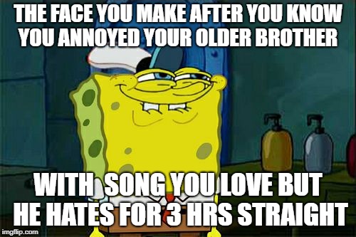 Don't You Squidward | THE FACE YOU MAKE AFTER YOU KNOW YOU ANNOYED YOUR OLDER BROTHER; WITH  SONG YOU LOVE BUT HE HATES FOR 3 HRS STRAIGHT | image tagged in memes,dont you squidward | made w/ Imgflip meme maker
