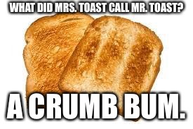 Toast | WHAT DID MRS. TOAST CALL MR. TOAST? A CRUMB BUM. | image tagged in toast | made w/ Imgflip meme maker