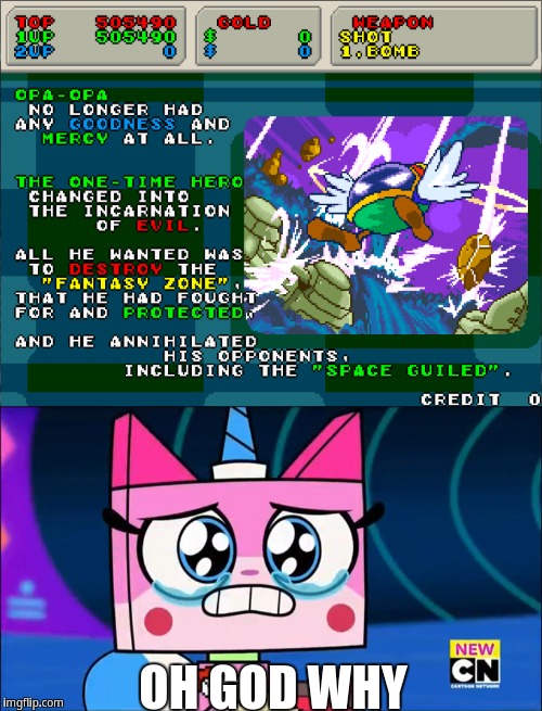 Made a bad ending in Fantasy Zone II | OH GOD WHY | image tagged in oh god why | made w/ Imgflip meme maker