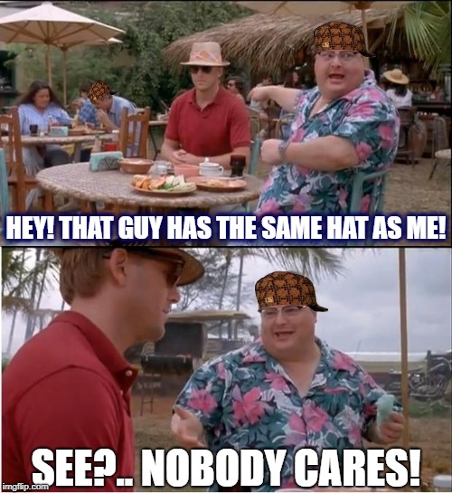 See Nobody Cares About Your Hat | HEY! THAT GUY HAS THE SAME HAT AS ME! SEE?.. NOBODY CARES! | image tagged in memes,see nobody cares,scumbag,hats | made w/ Imgflip meme maker