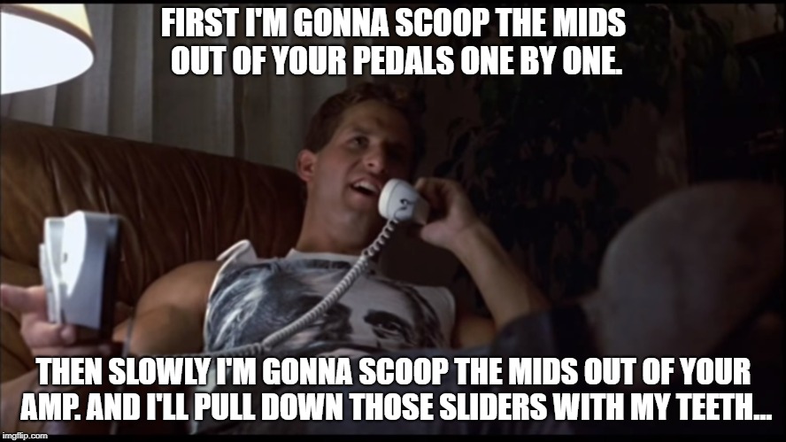 FIRST I'M GONNA SCOOP THE MIDS OUT OF YOUR PEDALS ONE BY ONE. THEN SLOWLY I'M GONNA SCOOP THE MIDS OUT OF YOUR AMP. AND I'LL PULL DOWN THOSE SLIDERS WITH MY TEETH... | image tagged in first i'm gonna | made w/ Imgflip meme maker
