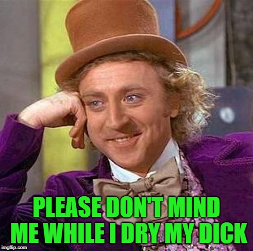 Creepy Condescending Wonka Meme | PLEASE DON'T MIND ME WHILE I DRY MY DICK | image tagged in memes,creepy condescending wonka | made w/ Imgflip meme maker