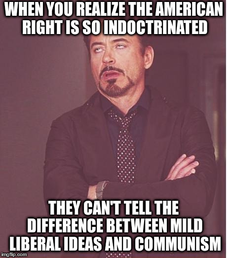 Face You Make Robert Downey Jr Meme | WHEN YOU REALIZE THE AMERICAN RIGHT IS SO INDOCTRINATED THEY CAN'T TELL THE DIFFERENCE BETWEEN MILD LIBERAL IDEAS AND COMMUNISM | image tagged in face you make robert downey jr,republicans,fox news,right wing | made w/ Imgflip meme maker