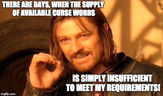 One Does Not Simply Meme | THERE ARE DAYS, WHEN THE SUPPLY OF AVAILABLE CURSE WORDS; IS SIMPLY INSUFFICIENT TO MEET MY REQUIREMENTS! | image tagged in memes,one does not simply | made w/ Imgflip meme maker
