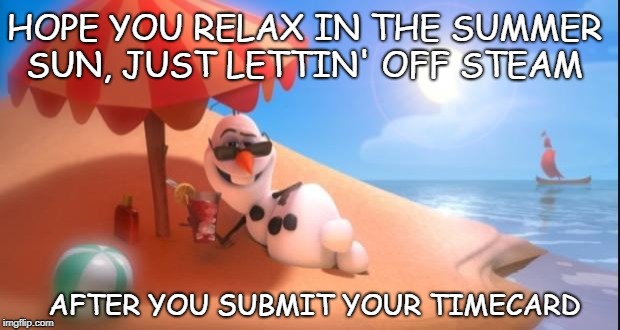 SUMMER | HOPE YOU RELAX IN THE SUMMER SUN, JUST LETTIN' OFF STEAM; AFTER YOU SUBMIT YOUR TIMECARD | image tagged in summer | made w/ Imgflip meme maker