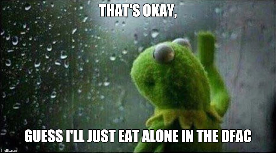 Kermit staring out of window | THAT'S OKAY, GUESS I'LL JUST EAT ALONE IN THE DFAC | image tagged in kermit staring out of window | made w/ Imgflip meme maker