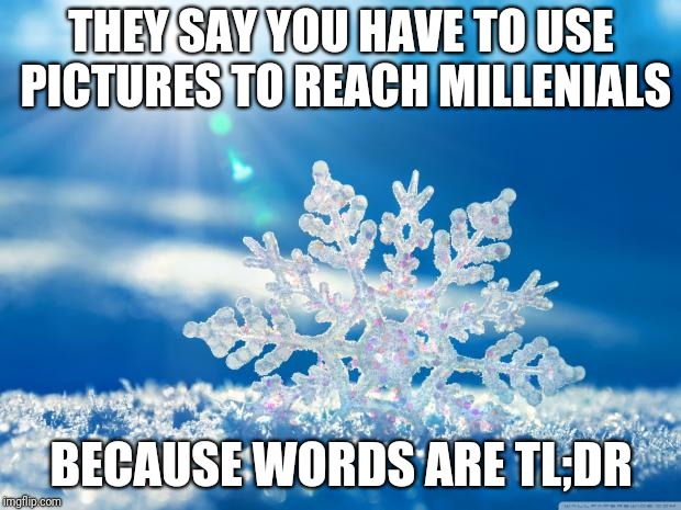 Hope This Isn't True | THEY SAY YOU HAVE TO USE PICTURES TO REACH MILLENIALS; BECAUSE WORDS ARE TL;DR | image tagged in snowflake | made w/ Imgflip meme maker