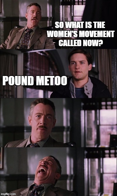 Pound me too | SO WHAT IS THE WOMEN'S MOVEMENT CALLED NOW? POUND METOO | image tagged in memes,spiderman laugh | made w/ Imgflip meme maker