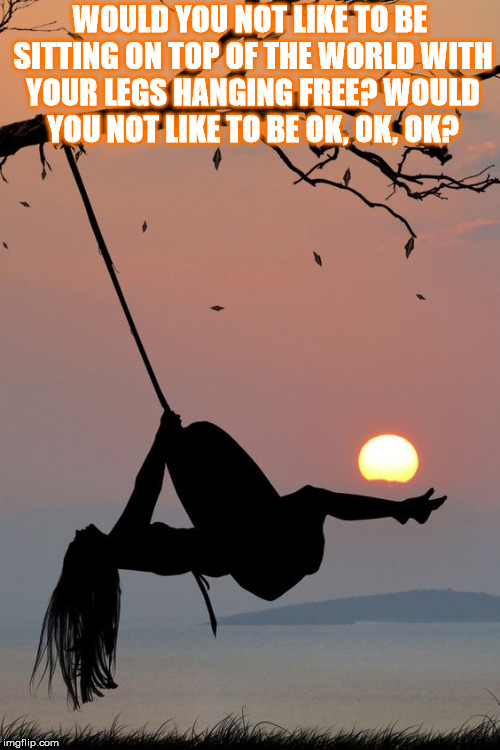 DMB Lie In Our Graves | WOULD YOU NOT LIKE TO BE SITTING ON TOP OF THE WORLD WITH YOUR LEGS HANGING FREE? WOULD YOU NOT LIKE TO BE OK, OK, OK? | image tagged in dmb,dave matthews band,lie in our graves,sunset,girl,swing | made w/ Imgflip meme maker