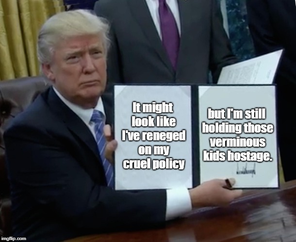 Trump Bill Signing Meme | It might look like I've reneged on my cruel policy but I'm still holding those verminous kids hostage. | image tagged in memes,trump bill signing | made w/ Imgflip meme maker