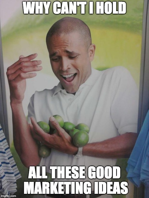 Good Marketing Ideas | WHY CAN'T I HOLD; ALL THESE GOOD MARKETING IDEAS | image tagged in memes,why can't i hold all these limes,why cant i,marketing,limes | made w/ Imgflip meme maker