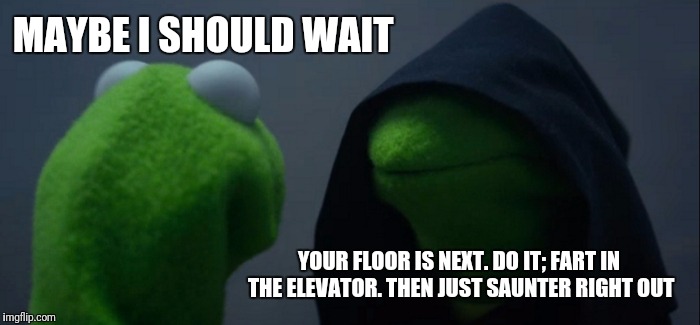 The Nuclear Option | MAYBE I SHOULD WAIT; YOUR FLOOR IS NEXT. DO IT; FART IN THE ELEVATOR. THEN JUST SAUNTER RIGHT OUT | image tagged in memes,evil kermit,fart,elevator,sbd | made w/ Imgflip meme maker