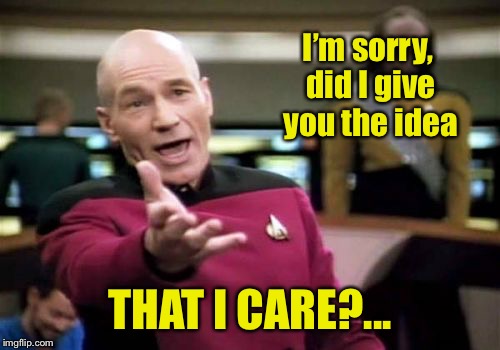 Who cares  | I’m sorry, did I give you the idea; THAT I CARE?... | image tagged in memes,picard wtf,sarcasm,drsarcasm | made w/ Imgflip meme maker