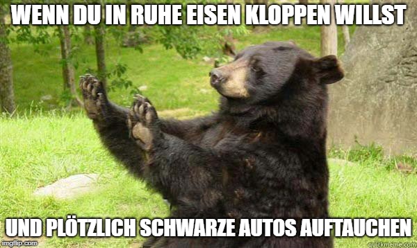 How about no bear | WENN DU IN RUHE EISEN KLOPPEN WILLST; UND PLÖTZLICH SCHWARZE AUTOS AUFTAUCHEN | image tagged in how about no bear | made w/ Imgflip meme maker