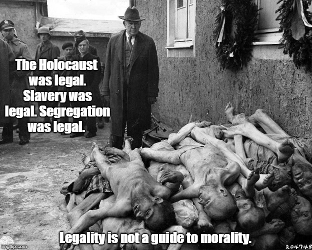 The Holocaust was legal. Slavery was legal. Segregation was legal. Legality is not a guide to morality. | made w/ Imgflip meme maker