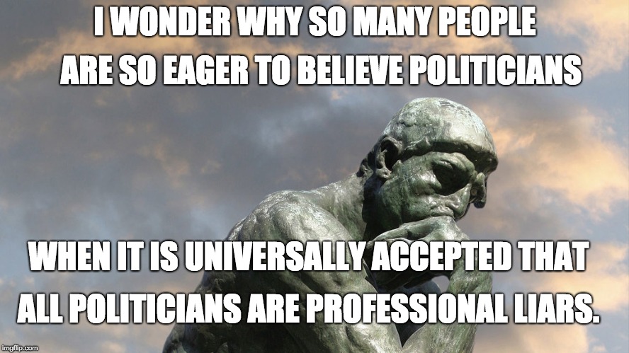 Pondering The Imponderables | I WONDER WHY SO MANY PEOPLE; ARE SO EAGER TO BELIEVE POLITICIANS; WHEN IT IS UNIVERSALLY ACCEPTED THAT; ALL POLITICIANS ARE PROFESSIONAL LIARS. | image tagged in the thinker,political meme | made w/ Imgflip meme maker