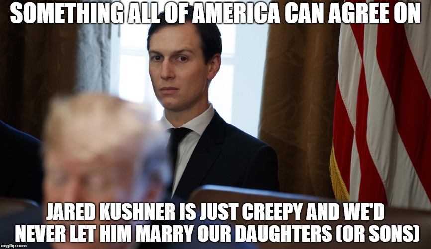 Jared Kushner is creepy | SOMETHING ALL OF AMERICA CAN AGREE ON; JARED KUSHNER IS JUST CREEPY AND WE'D NEVER LET HIM MARRY OUR DAUGHTERS (OR SONS) | image tagged in jared kushner,donald trump,creepy guy,weirdo,strange,serial killer | made w/ Imgflip meme maker