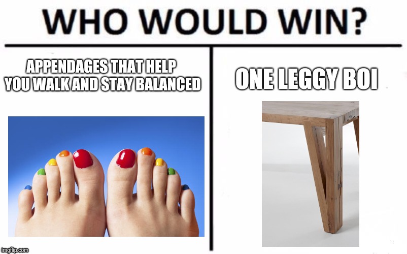 Final Showdown | APPENDAGES THAT HELP YOU WALK AND STAY BALANCED; ONE LEGGY BOI | image tagged in memes,who would win,table,foot,toes | made w/ Imgflip meme maker