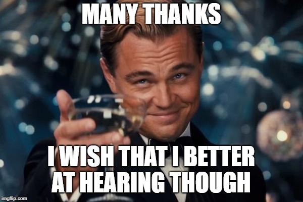 Leonardo Dicaprio Cheers Meme | MANY THANKS I WISH THAT I BETTER AT HEARING THOUGH | image tagged in memes,leonardo dicaprio cheers | made w/ Imgflip meme maker