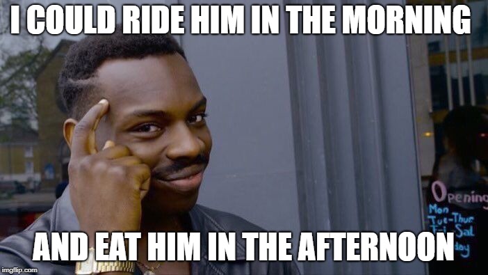Roll Safe Think About It Meme | I COULD RIDE HIM IN THE MORNING AND EAT HIM IN THE AFTERNOON | image tagged in memes,roll safe think about it | made w/ Imgflip meme maker