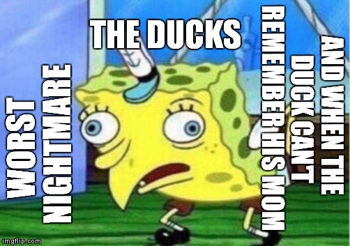 Mocking Spongebob Meme | THE DUCKS; AND WHEN THE DUCK CAN'T REMEMBER HIS MOM; WORST NIGHTMARE | image tagged in memes,mocking spongebob | made w/ Imgflip meme maker