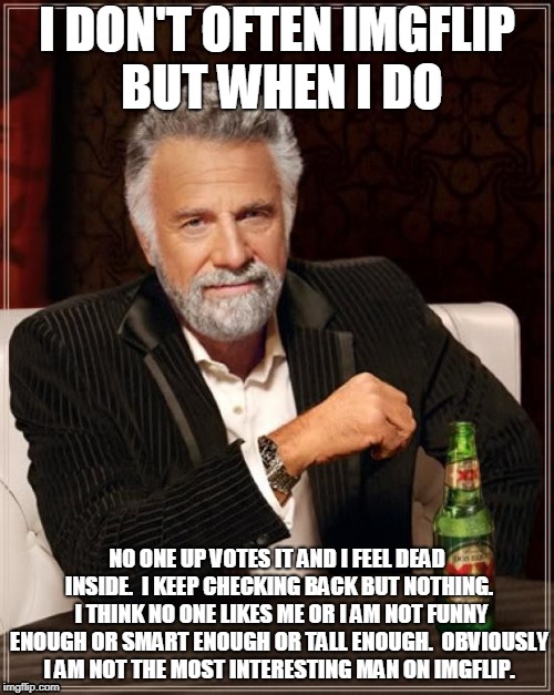 The Most Interesting Man In The World | I DON'T OFTEN IMGFLIP BUT WHEN I DO; NO ONE UP VOTES IT AND I FEEL DEAD INSIDE.  I KEEP CHECKING BACK BUT NOTHING.  I THINK NO ONE LIKES ME OR I AM NOT FUNNY ENOUGH OR SMART ENOUGH OR TALL ENOUGH.  OBVIOUSLY I AM NOT THE MOST INTERESTING MAN ON IMGFLIP. | image tagged in memes,the most interesting man in the world | made w/ Imgflip meme maker