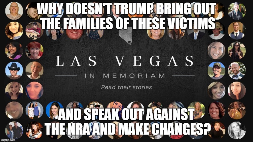 WHY DOESN'T TRUMP BRING OUT THE FAMILIES OF THESE VICTIMS; AND SPEAK OUT AGAINST THE NRA AND MAKE CHANGES? | made w/ Imgflip meme maker