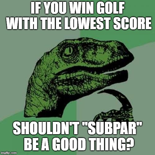Golf Philosophy | IF YOU WIN GOLF WITH THE LOWEST SCORE; SHOULDN'T "SUBPAR" BE A GOOD THING? | image tagged in memes,philosoraptor,golf,puns,subpar | made w/ Imgflip meme maker