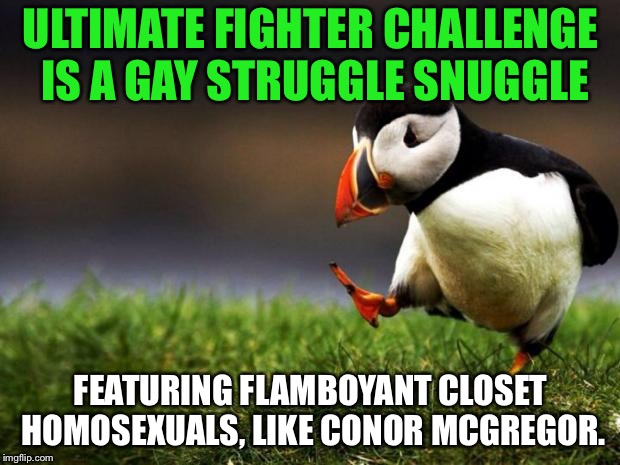 UFC Struggle Snuggle | ULTIMATE FIGHTER CHALLENGE IS A GAY STRUGGLE SNUGGLE; FEATURING FLAMBOYANT CLOSET HOMOSEXUALS, LIKE CONOR MCGREGOR. | image tagged in memes,unpopular opinion puffin,ufc,conor mcgregor,gay jokes,snuggles | made w/ Imgflip meme maker
