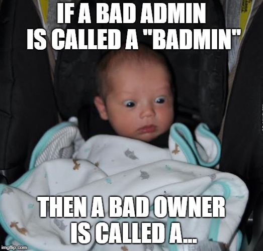 surprised baby |  IF A BAD ADMIN IS CALLED A "BADMIN"; THEN A BAD OWNER IS CALLED A... | image tagged in surprised baby | made w/ Imgflip meme maker