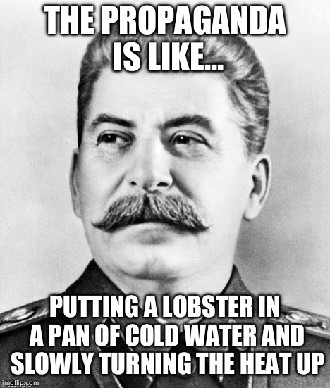 THE PROPAGANDA IS LIKE... PUTTING A LOBSTER IN A PAN OF COLD WATER AND SLOWLY TURNING THE HEAT UP | image tagged in stalin | made w/ Imgflip meme maker