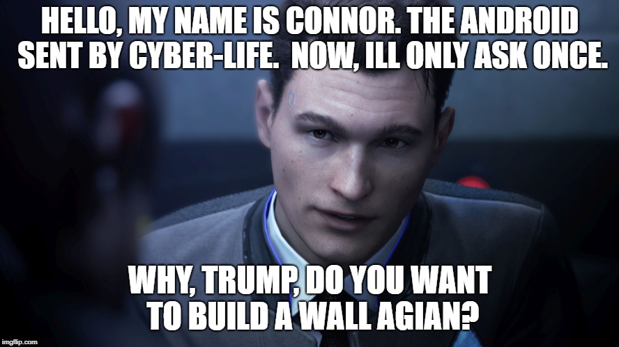 Interrogation Connor | HELLO, MY NAME IS CONNOR. THE ANDROID SENT BY CYBER-LIFE.
 NOW, ILL ONLY ASK ONCE. WHY, TRUMP, DO YOU WANT TO BUILD A WALL AGIAN? | image tagged in detriot become human week | made w/ Imgflip meme maker