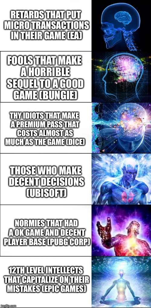 Expanding Brain Six Stages | RETARDS THAT PUT MICRO TRANSACTIONS IN THEIR GAME (EA); FOOLS THAT MAKE A HORRIBLE SEQUEL TO A GOOD GAME (BUNGIE); THY IDIOTS THAT MAKE A PREMIUM PASS THAT COSTS ALMOST AS MUCH AS THE GAME (DICE); THOSE WHO MAKE DECENT DECISIONS (UBISOFT); NORMIES THAT HAD A OK GAME AND DECENT PLAYER BASE (PUBG CORP); 12TH LEVEL INTELLECTS THAT CAPITALIZE ON THEIR MISTAKES (EPIC GAMES) | image tagged in expanding brain six stages | made w/ Imgflip meme maker