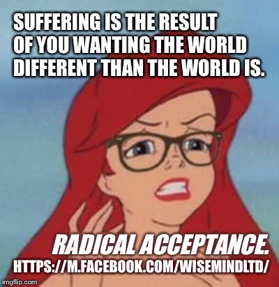 Hipster Ariel Meme | SUFFERING IS THE RESULT OF YOU WANTING THE WORLD DIFFERENT THAN THE WORLD IS. RADICAL ACCEPTANCE. HTTPS://M.FACEBOOK.COM/WISEMINDLTD/ | image tagged in memes,hipster ariel | made w/ Imgflip meme maker