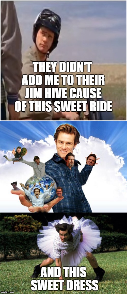 No Jims left to Carry here | THEY DIDN'T ADD ME TO THEIR JIM HIVE CAUSE OF THIS SWEET RIDE; AND THIS SWEET DRESS | image tagged in go away jim,carry on carrey,mariah says what,we belong together memes,memers are memebrains | made w/ Imgflip meme maker