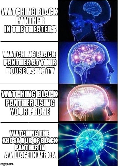 Expanding Brain | WATCHING BLACK PANTHER IN THE THEATERS; WATCHING BLACK PANTHER AT YOUR HOUSE USING TV; WATCHING BLACK PANTHER USING YOUR PHONE; WATCHING THE XHOSA DUB OF BLACK PANTHER IN A VILLAGE IN AFFICA | image tagged in memes,expanding brain | made w/ Imgflip meme maker