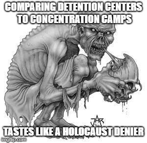 I might be listening, but there sits a ghoulish overkill in the way | COMPARING DETENTION CENTERS TO CONCENTRATION CAMPS; TASTES LIKE A HOLOCAUST DENIER | image tagged in trump immigration policy,left wing,ghoulish overkill,not listening | made w/ Imgflip meme maker