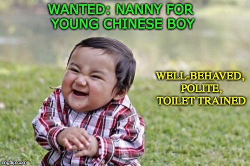 Evil Toddler Meme | WANTED: NANNY FOR YOUNG CHINESE BOY WELL-BEHAVED, POLITE, TOILET TRAINED | image tagged in memes,evil toddler | made w/ Imgflip meme maker
