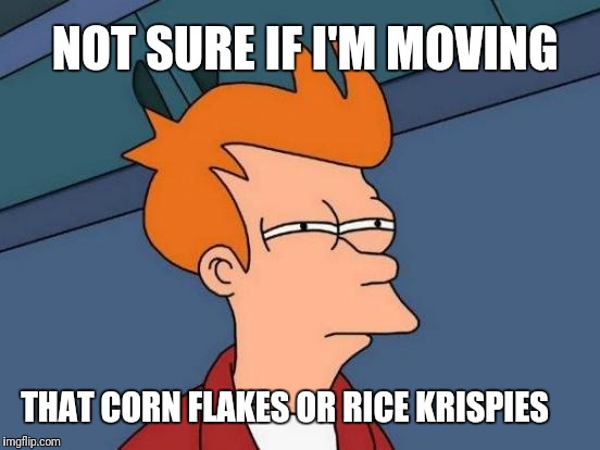 Futurama Fry Meme | NOT SURE IF I'M MOVING; THAT CORN FLAKES OR RICE KRISPIES | image tagged in memes,futurama fry | made w/ Imgflip meme maker