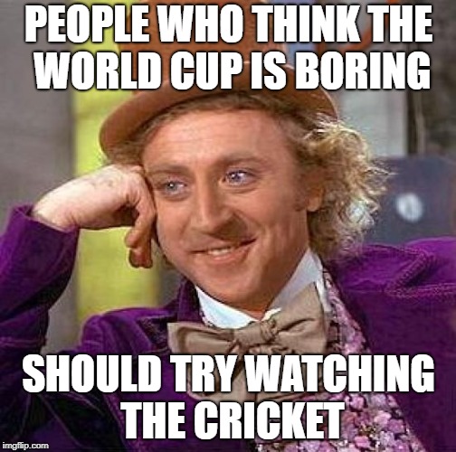 Creepy Condescending Wonka Meme | PEOPLE WHO THINK THE WORLD CUP IS BORING; SHOULD TRY WATCHING THE CRICKET | image tagged in memes,creepy condescending wonka | made w/ Imgflip meme maker